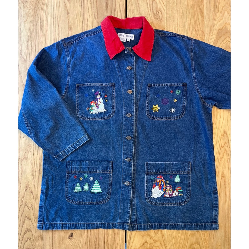 Casey Coleman Snowman Festive Holiday Denim Barn Jacket Blue Christmas 2X